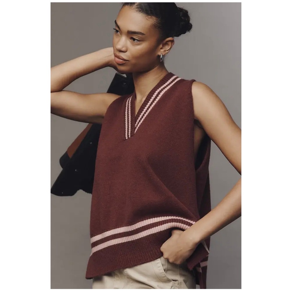 Anthropologie Burgundy Pink Varsity Stripe V-Neck Oversized Sweater Vest OS